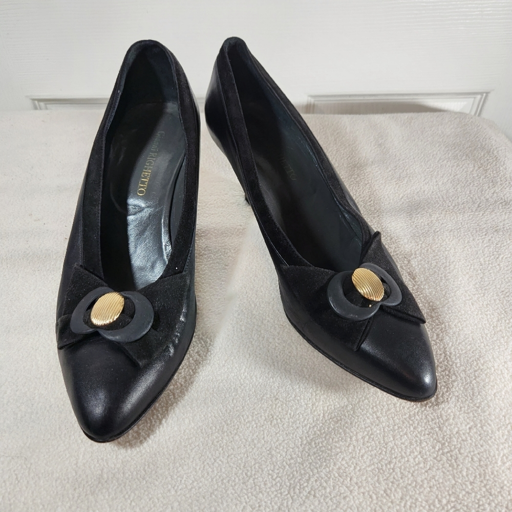 Gianni Righetto Black Leather Cone Heel Pumps Size 40 US 9-9.5 See Chart